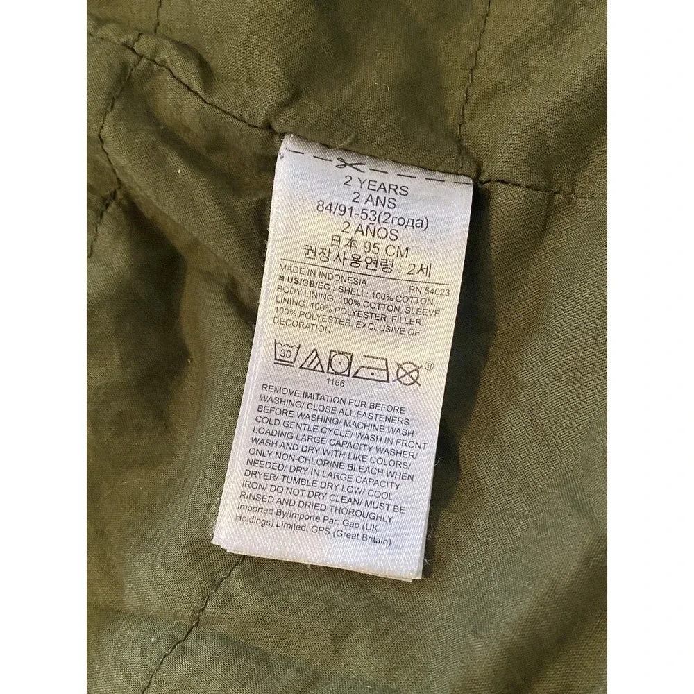 Gap Parka Coat Toddler Girls 2T Green Faux Fur Hood Canvas Lined Zip Pockets‎